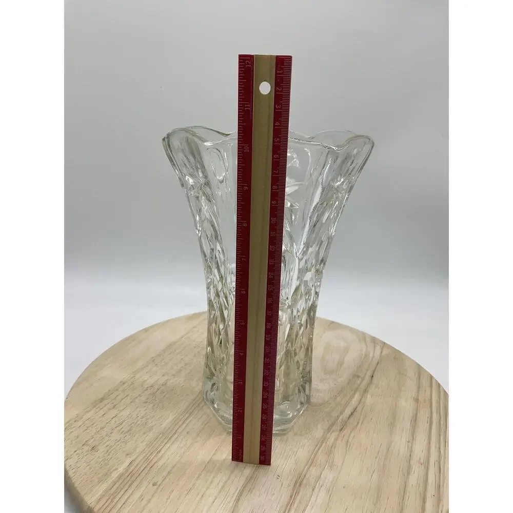 Clear Pressed Glass Flower Vase Starburst Pattern Hexagon VTG Decor Centerpiece